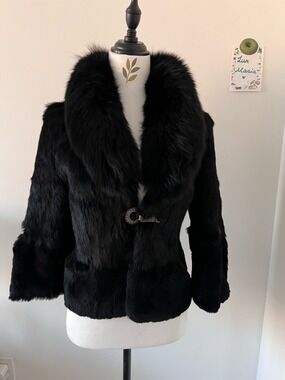 Black Real Rabbit Fur Jacket w Fox Fur Collar Rhinestone S Mob wife Evening